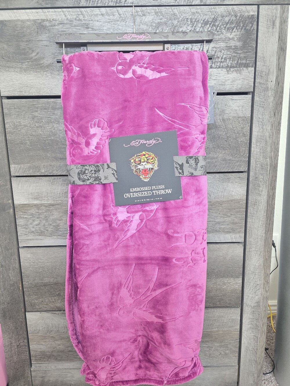 Ed Hardy Birds Embrossed Purple Throw Blanket New